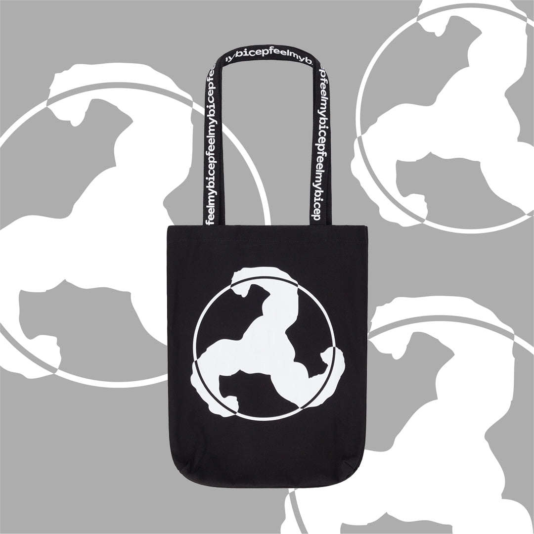 WHITE PRINT BLACK TOTE BAG