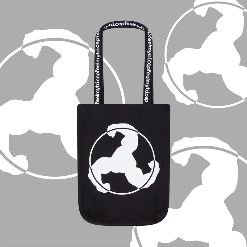 WHITE PRINT BLACK TOTE BAG