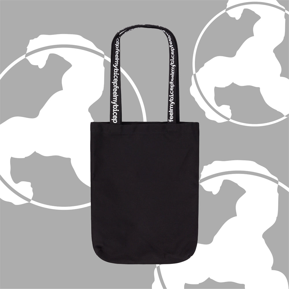 WHITE PRINT BLACK TOTE BAG